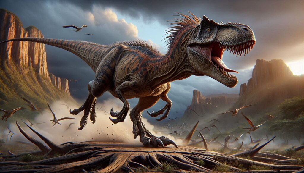 obrázek zobrazuje Stegosaura v přirozeném prostředí s detailními texturami na jeho kůži a destičkách. Stojí uprostřed vysoké trávy a borovic během toho, co vypadá jako buď východ nebo západ slunce, vytvářející teplou a klidnou atmosféru.