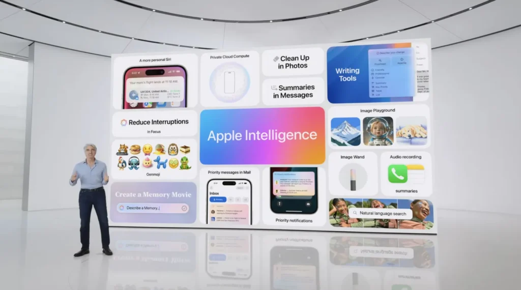 Muž stojící na pódiu během prezentace Apple Intelligence, za ním velká obrazovka zobrazující různé funkce a novinky, jako je osobnější Siri, nástroje pro psaní, zpracování obrázků, audio nahrávky a další inovace společnosti Apple v oblasti umělé inteligence.