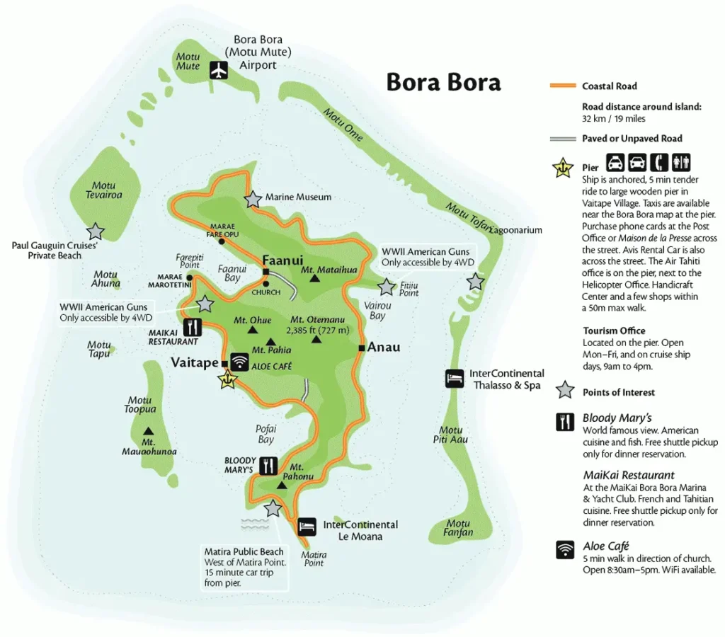 Mapa ostrova Bora Bora, Francouzská Polynésie: Podrobné znázornění hlavních atrakcí, ubytovacích zařízení, turistických míst a cest na ostrově. Zobrazeny jsou také pláže, restaurace a významné body zájmu.