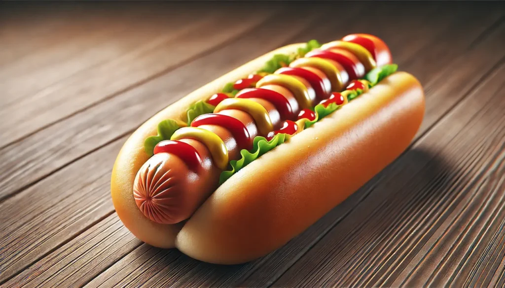 obrázek hotdogu s hořčicí, kečupem a okurkovou relikvií na měkké housce, servírovaný na jednoduchém dřevěném stole, který dodává klasickou atmosféru street foodu. Hotdog je perfektně ogrilovaný s lehkými ohořelými znaky, a polevy jsou čerstvé a živé, což dělá hotdog chutným a lákavým.