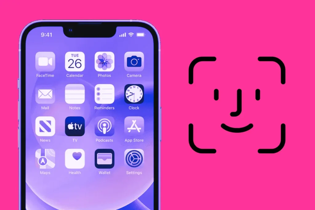 Obrázek zobrazuje iPhone s aplikacemi na domovské obrazovce a vedle něj ikonu Face ID na růžovém pozadí. iPhone je zaměřen na horní část obrazovky, kde jsou vidět aplikace jako FaceTime, Kalendář, Fotky, Kamera, Pošta, Poznámky, Připomínky, Hodiny, News, TV, Podcasty, App Store, Mapy, Zdraví, Peněženka a Nastavení. Ikona Face ID představuje stylizovaný obličej se čtyřmi rohy a úsměvem.