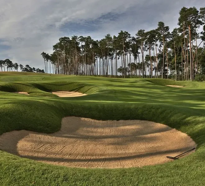 Golfové hřiště obklopené vysokými stromy, s dobře udržovanými fairwayemi a pískovými bunkery v popředí, pod jasnou oblohou.