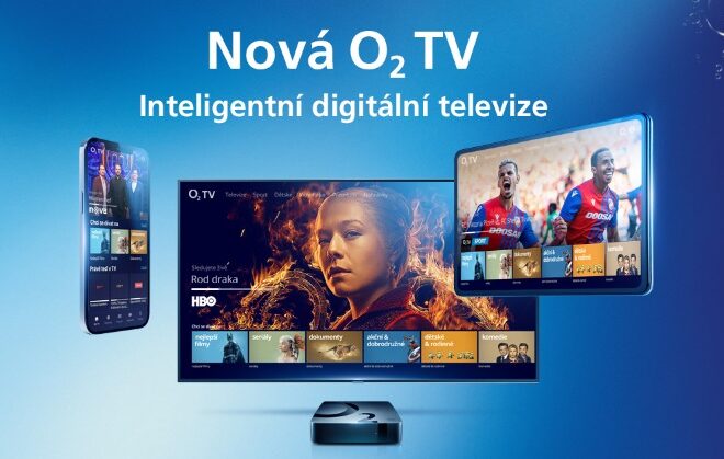 Nová O2 TV - Inteligentní digitální televize. Na obrázku jsou zobrazeny různé zařízení, jako je chytrý telefon, tablet a televizor, které zobrazují nabídku programů O2 TV, včetně seriálu "Rod draka" a sportovních přenosů.