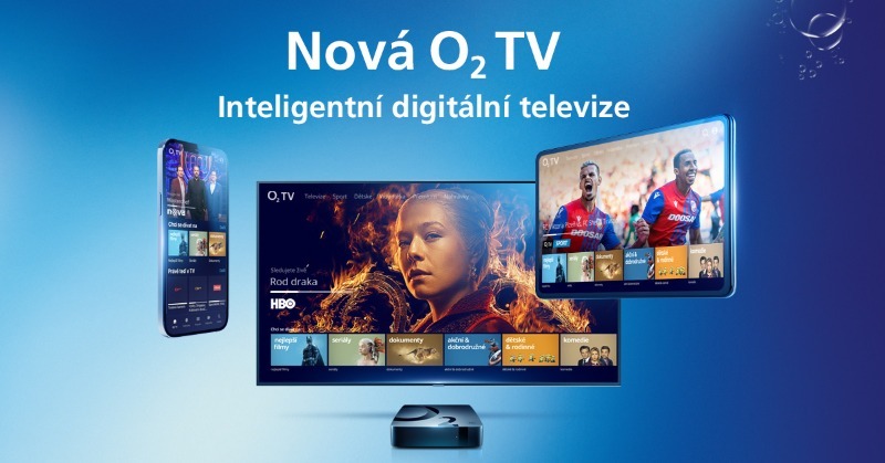 Nová O2 TV - Inteligentní digitální televize. Na obrázku jsou zobrazeny různé zařízení, jako je chytrý telefon, tablet a televizor, které zobrazují nabídku programů O2 TV, včetně seriálu "Rod draka" a sportovních přenosů.