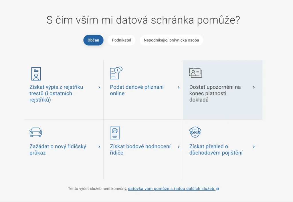 S čím vším mi datová schránka pomůže? Přehled služeb pro občany: získání výpisu z rejstříku trestů, podání daňového přiznání online, dostávání upozornění na konec platnosti dokladů, žádost o nový řidičský průkaz, získání bodového hodnocení řidiče a přehled o důchodovém pojištění.