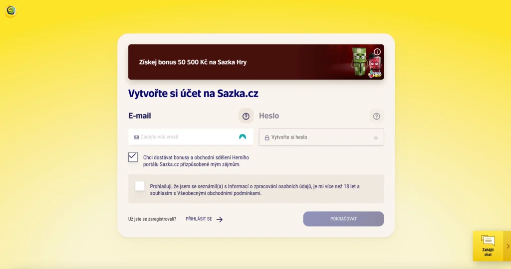 Screenshot registrační stránky na webu Sazka.cz. Stránka nabízí vytvoření účtu s možností získat bonus 50 500 Kč na Sazka Hry. 