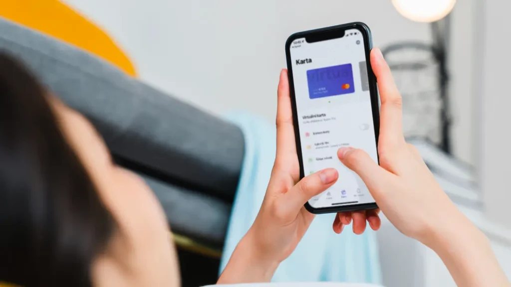Osoba drží v ruce iPhone a používá aplikaci pro správu virtuálních platebních karet. Na obrazovce telefonu je vidět modrá virtuální karta s nápisem "VIRTUÁLNÍ KARTA" a další možnosti jako přidání karty do Apple Pay, historie transakcí a nastavení limitů. Scéna je zobrazená z pohledu přes rameno osoby, která je v pohodlné pozici na pohovce v interiéru, což naznačuje uvolněnou atmosféru při používání mobilních finančních služeb.