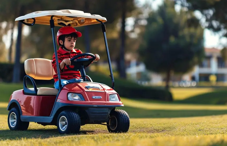 Malý chlapec řídící červený golfový vozík na golfovém hřišti, oblečený v červeném pruhovaném tričku a čepici. V pozadí jsou stromy a travnaté plochy golfového hřiště.