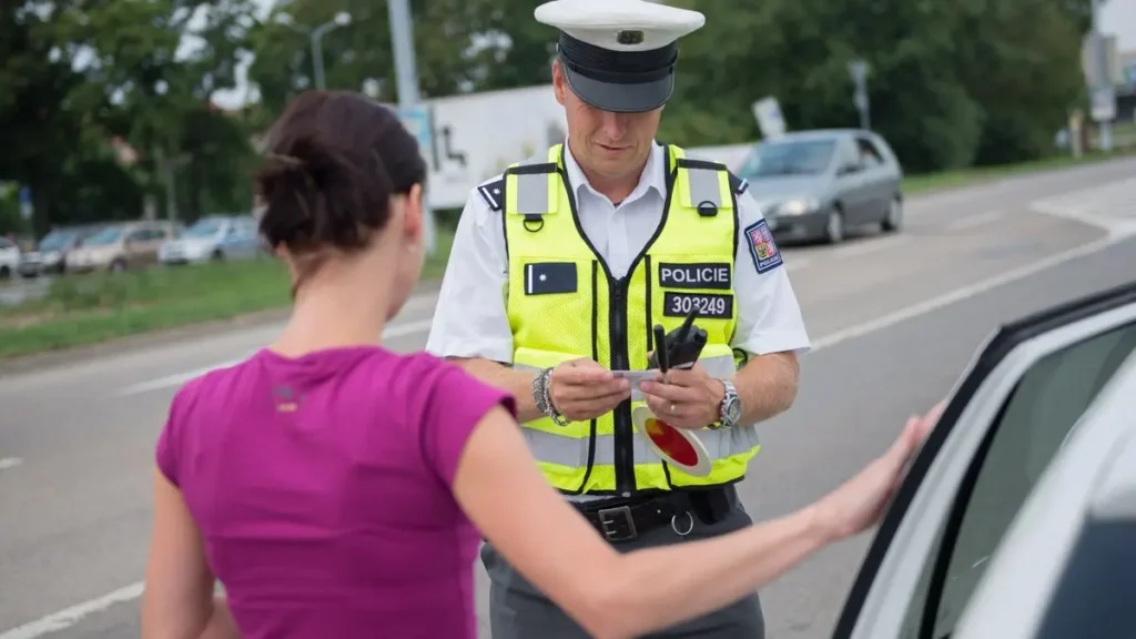 Policista v reflexní vestě provádí silniční kontrolu a kontroluje doklady ženy řidičky, která stojí u svého auta.