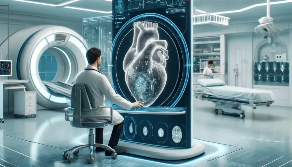Lékař v moderní nemocnici používá pokročilou umělou inteligenci k analýze CT snímku srdce pacienta. Na velké digitální obrazovce jsou detailní 3D snímky a data srdce. Pozadí ukazuje high-tech lékařské vybavení a sterilní prostředí.
