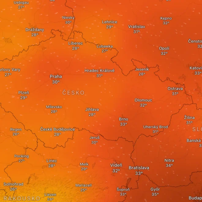 Mapa zobrazující teploty v České republice a okolních státech během letních veder v roce 2024. Na mapě jsou zaznamenány teploty přesahující 30 °C v různých městech, včetně Prahy, Brna a Ostravy, s extrémně vysokými teplotami až 35 °C v některých regionech.