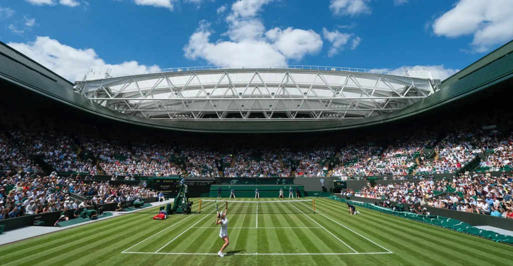 Tenisový zápas probíhající na travnatém kurtu číslo 1 ve Wimbledonu, s diváky sledujícími z tribun pod otevřenou zatahovací střechou.