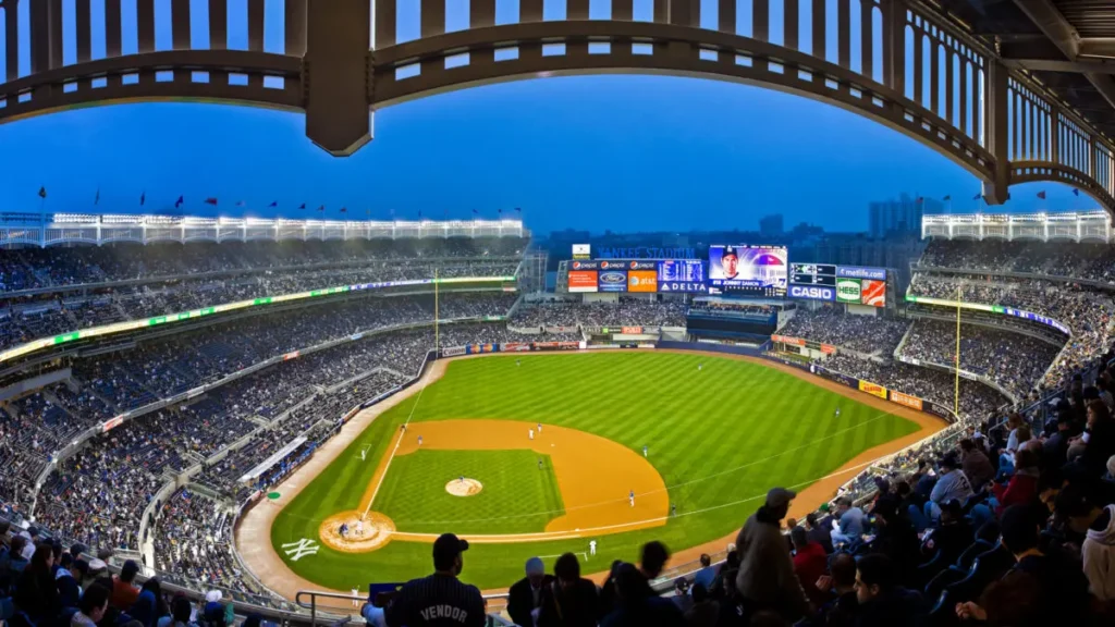 Pohled na plný Yankee Stadium v New Yorku během večerního baseballového zápasu, s hráči na hřišti a fanoušky v hledišti.