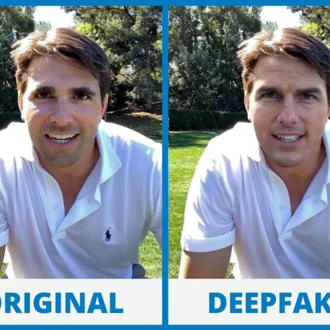 Porovnání původního obrazu a deepfake obrazu muže v bílém tričku na trávě. Na levé straně je původní fotografie a na pravé straně je upravená deepfake verze, která vypadá velmi realisticky.