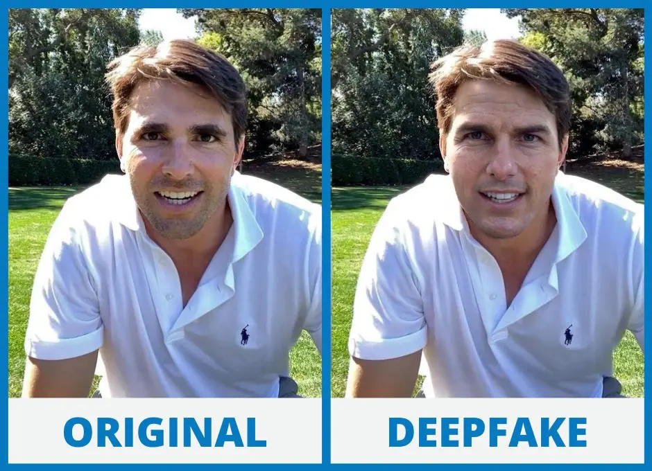 Porovnání původního obrazu a deepfake obrazu muže v bílém tričku na trávě. Na levé straně je původní fotografie a na pravé straně je upravená deepfake verze, která vypadá velmi realisticky.