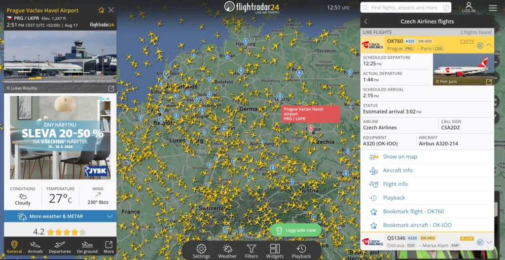 Mapa Evropy na Flightradar24 se zaměřením na Letiště Václava Havla v Praze a let do Paříže s podrobnými informacemi o letu.