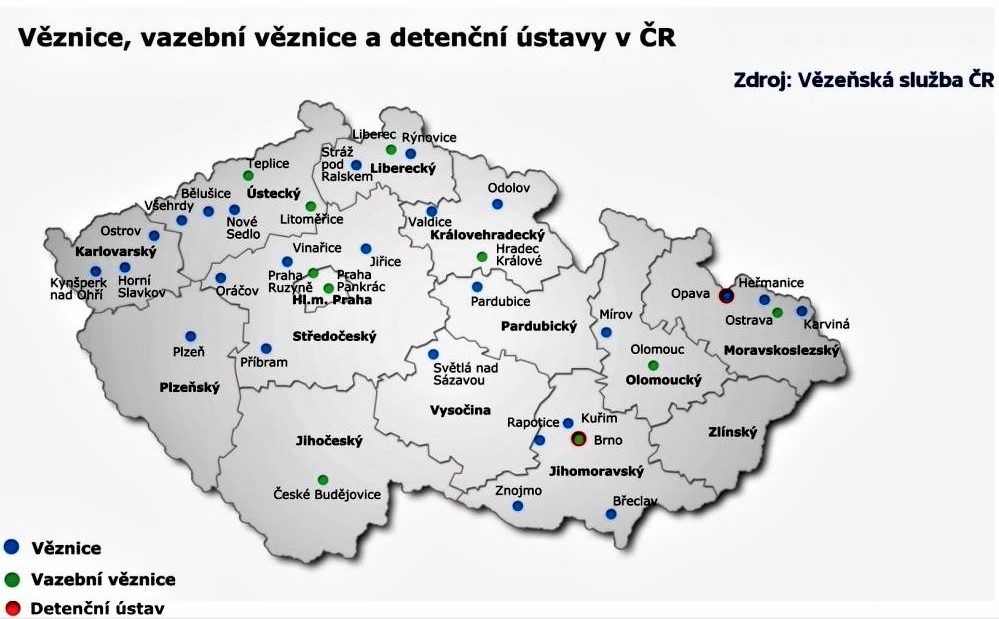 Mapa České republiky s vyznačením polohy věznic, vazebních věznic a detenčních ústavů. Modré body označují věznice, zelené vazební věznice a červené detenční ústavy. Na mapě jsou uvedeny různé kraje a v nich rozmístěné zařízení, včetně například věznice Pankrác v Praze, věznice v Plzni, nebo detenčního ústavu v Brně. Mapa je vytvořena Vězeňskou službou ČR.