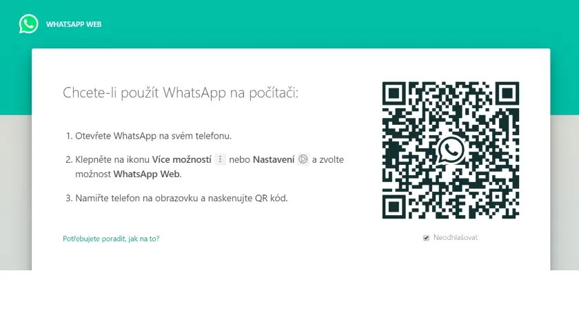 Ověření QR kódem pro přihlášení na WhatsApp Web v počítači.