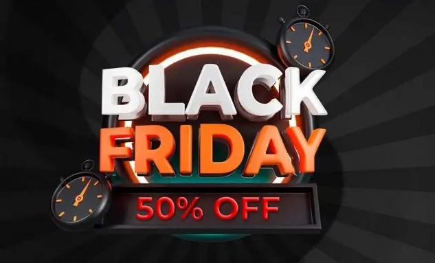 Black Friday s nápisem 50 % sleva, doplněný o dva černé hodiny symbolizující časovou omezenost nabídky.