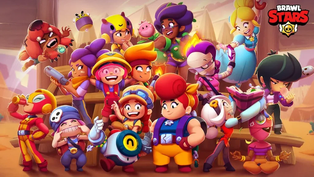 Obrázek zobrazuje postavy z populární mobilní hry Brawl Stars, každou s jedinečným vzhledem a osobností. Postavy jsou uspořádány do veselého skupinového portrétu, kde se baví a pózují v různých dynamických pozicích. Hra má výrazný a barevný kreslený styl, přičemž každá postava má vlastní ikonické vybavení, jako jsou zbraně, kostýmy a doplňky. V horním pravém rohu je logo hry "Brawl Stars". Celková atmosféra obrázku působí přátelsky a hravě, což odpovídá energickému a soutěživému duchu samotné hry.