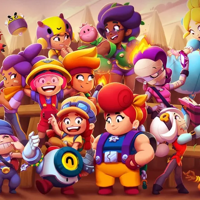 Obrázek zobrazuje postavy z populární mobilní hry Brawl Stars, každou s jedinečným vzhledem a osobností. Postavy jsou uspořádány do veselého skupinového portrétu, kde se baví a pózují v různých dynamických pozicích. Hra má výrazný a barevný kreslený styl, přičemž každá postava má vlastní ikonické vybavení, jako jsou zbraně, kostýmy a doplňky. V horním pravém rohu je logo hry "Brawl Stars". Celková atmosféra obrázku působí přátelsky a hravě, což odpovídá energickému a soutěživému duchu samotné hry.