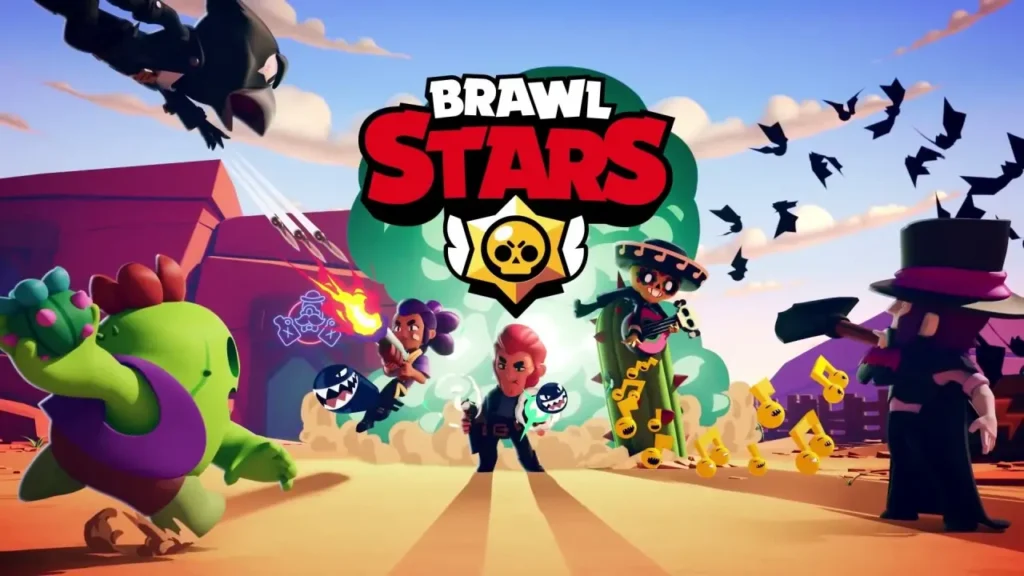 Skupina oblíbených Brawlerů z Brawl Stars ve stylizovaných skinech v akční scéně na pouštní mapě.