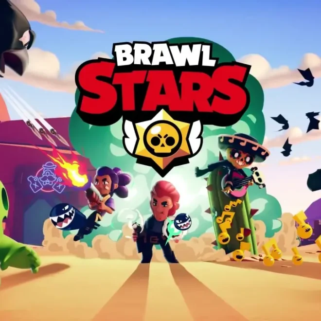 Skupina oblíbených Brawlerů z Brawl Stars ve stylizovaných skinech v akční scéně na pouštní mapě.