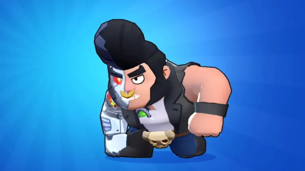 Brawler Bull z Brawl Stars s kybernetickým vylepšením a silným vzhledem připravený do boje.