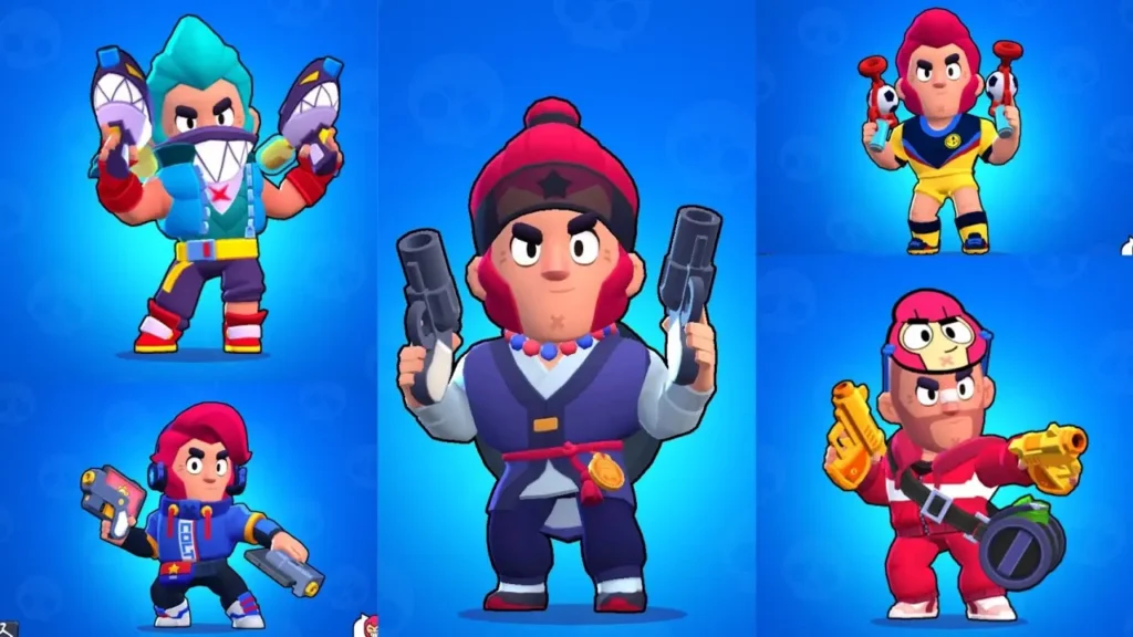 Colt z Brawl Stars v různých skinech ukazující jeho herní variabilitu a jedinečné styly.