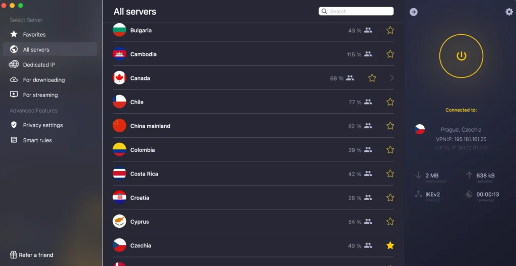 Uživatelské rozhraní aplikace CyberGhost VPN na macOS, zobrazující seznam serverů v různých zemích a připojení k serveru v Praze, Česká republika.