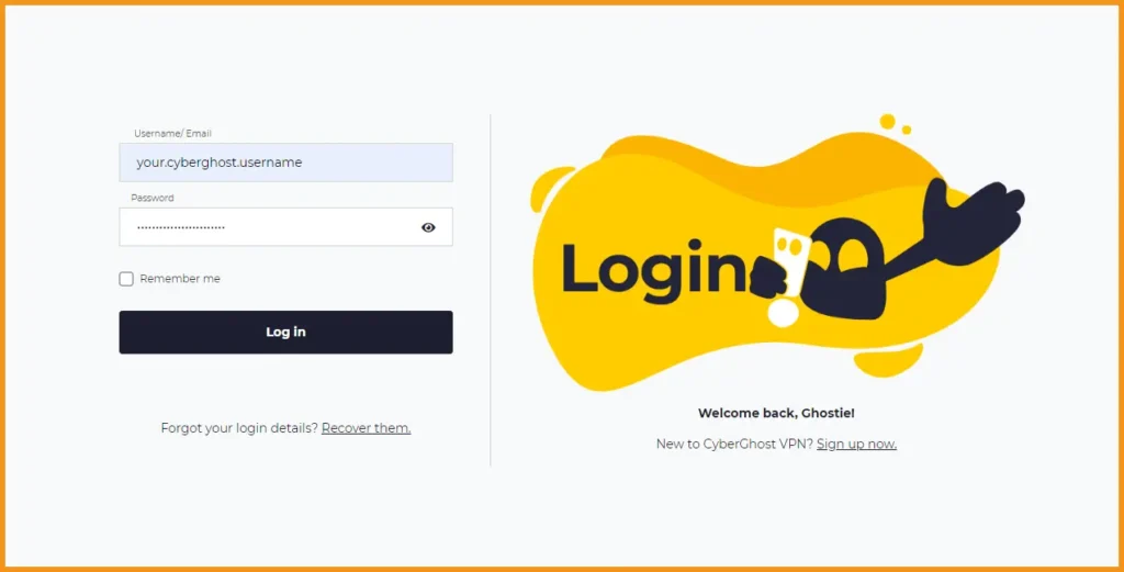 Přihlašovací stránka pro CyberGhost VPN s políčky pro uživatelské jméno a heslo, vedle loga CyberGhost a textu 'Login.'