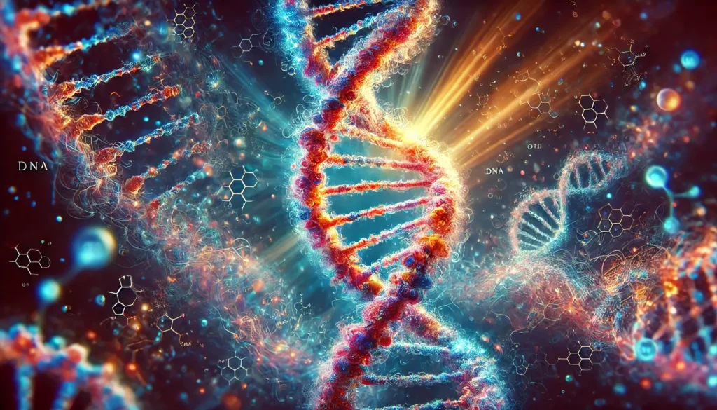 Detailní ilustrace struktury DNA v podobě dvojité šroubovice. DNA je zobrazena v zářivých barvách s jemným světelným efektem v pozadí, symbolizujícím složitost a energii genetické informace.