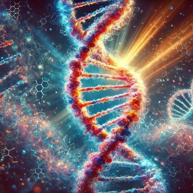 Detailní ilustrace struktury DNA v podobě dvojité šroubovice. DNA je zobrazena v zářivých barvách s jemným světelným efektem v pozadí, symbolizujícím složitost a energii genetické informace.