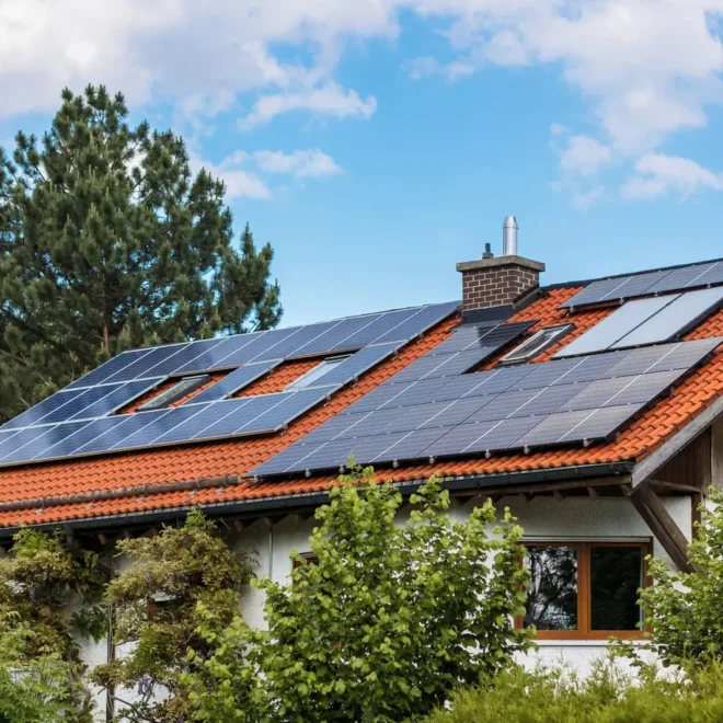 Fotovoltaické panely na střeše rodinného domu obklopeného zelení, sloužící k výrobě obnovitelné solární energie.