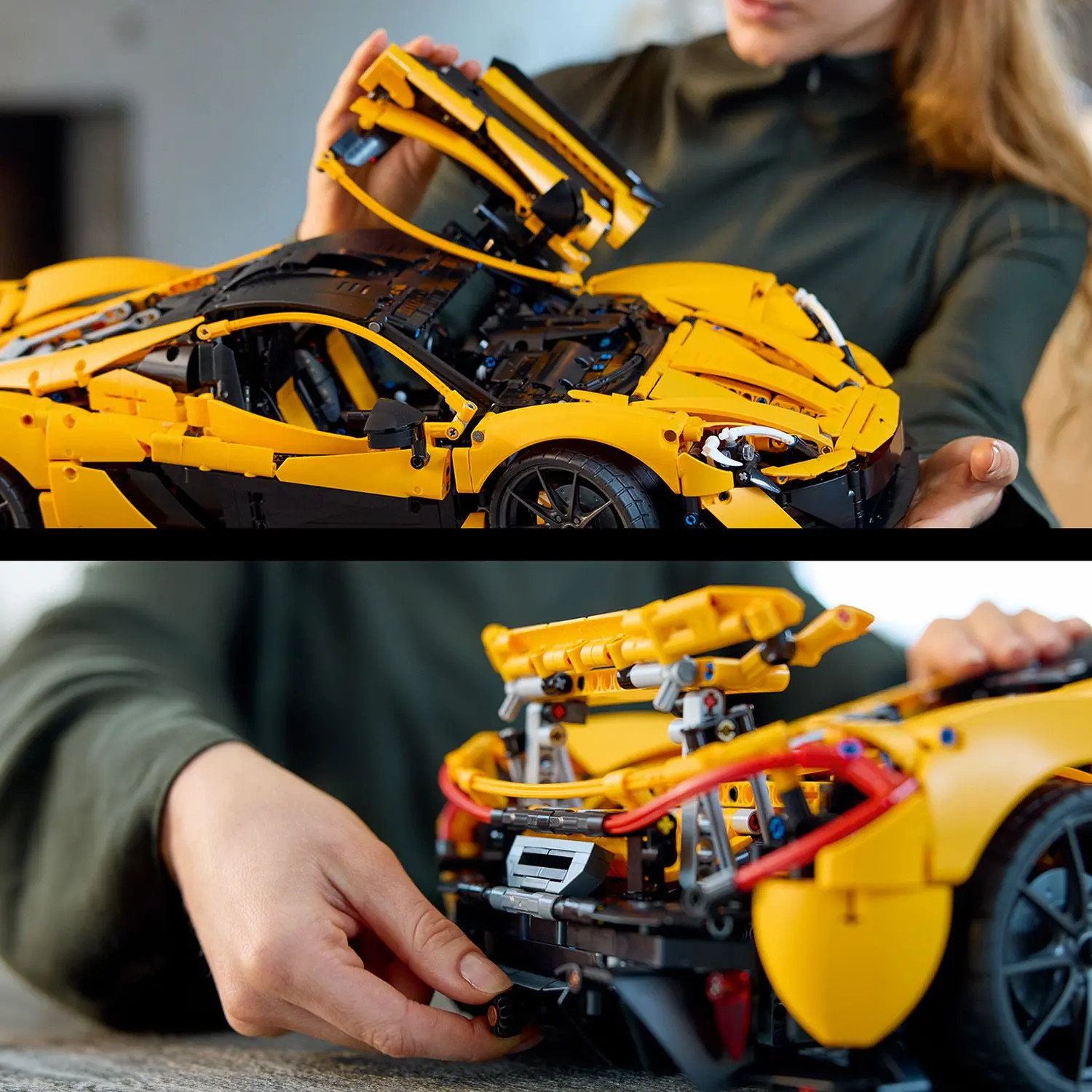 Detaily zadní části modelu LEGO® Technic McLaren P1™ při skládání s realistickým pohybem křídel a motoru.