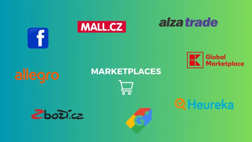 Loga populárních marketplace a srovnávačů: Allegro, Mall.cz, AlzaTrade, Kaufland Global Marketplace, Zboží.cz, Heureka, Facebook Marketplace, a Google Shopping na barevném pozadí s nápisem 'Marketplaces' uprostřed.