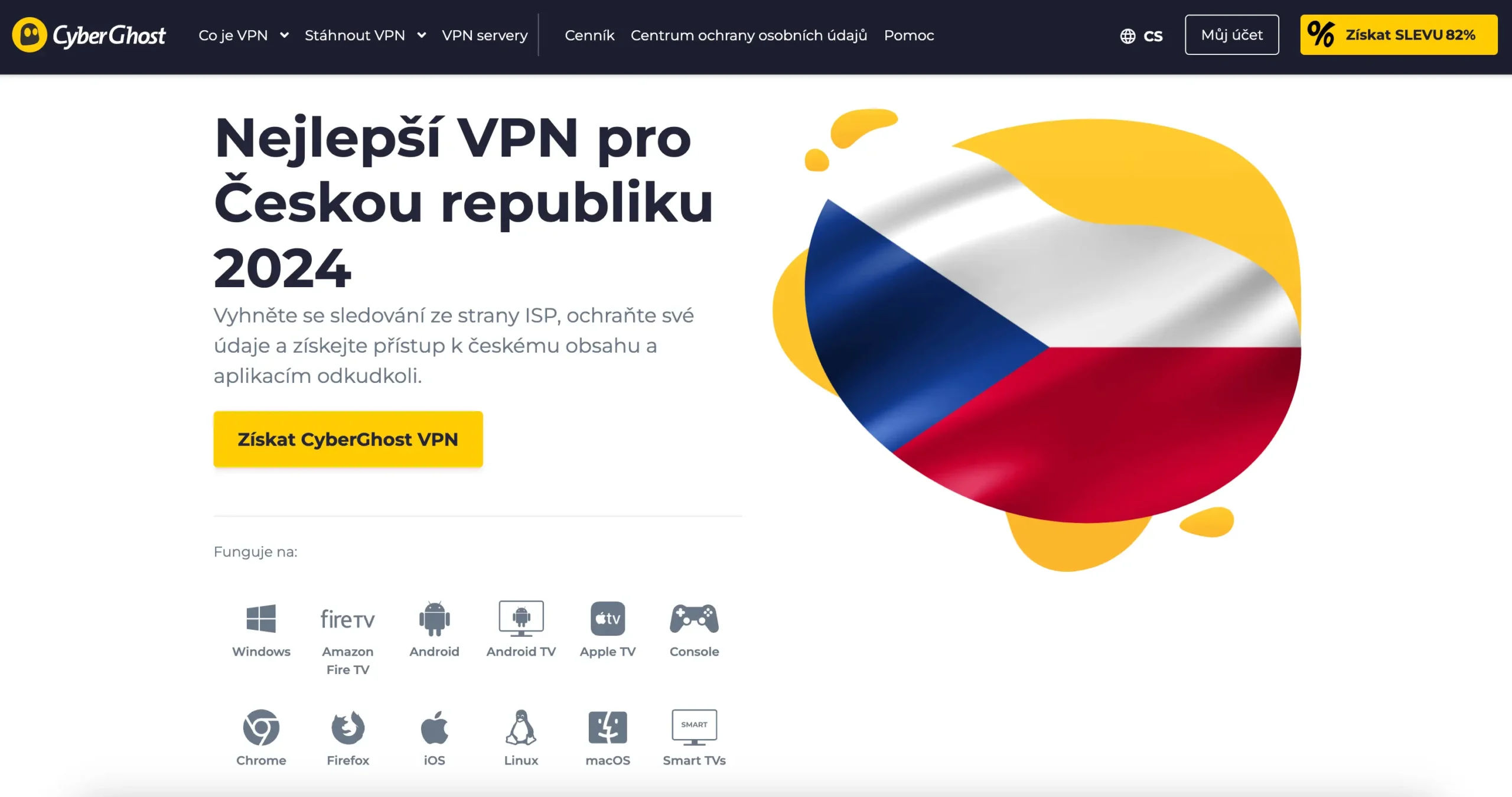 Propagační stránka CyberGhost VPN pro Českou republiku 2024 s možností ochrany online soukromí a přístupu k českému obsahu.