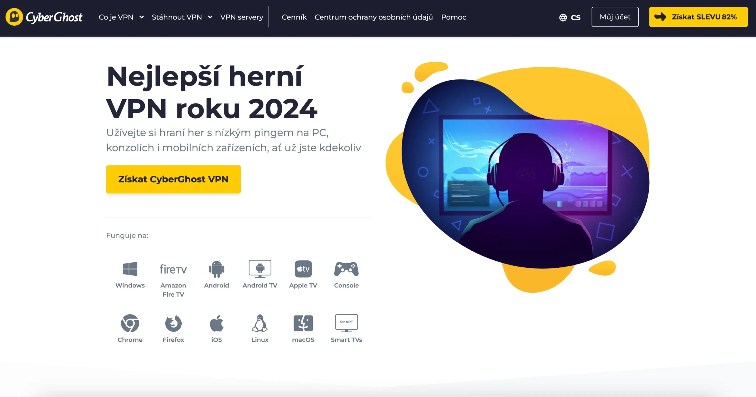 Stránka propagující nejlepší herní VPN roku 2024 s možností využití CyberGhost VPN pro hraní s nízkým pingem.