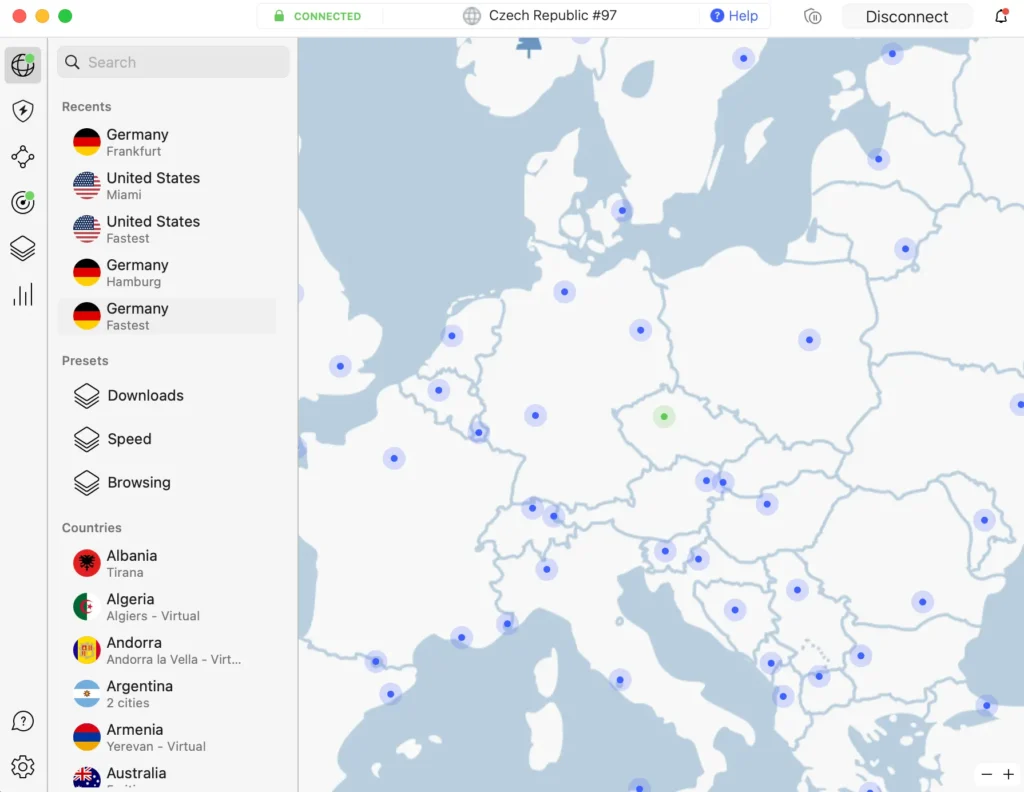 Rozhraní aplikace NordVPN na macOS s připojením k serveru v České republice a zobrazením nedávných připojení, včetně serverů v Německu a USA. Mapa zobrazuje dostupné servery po Evropě.