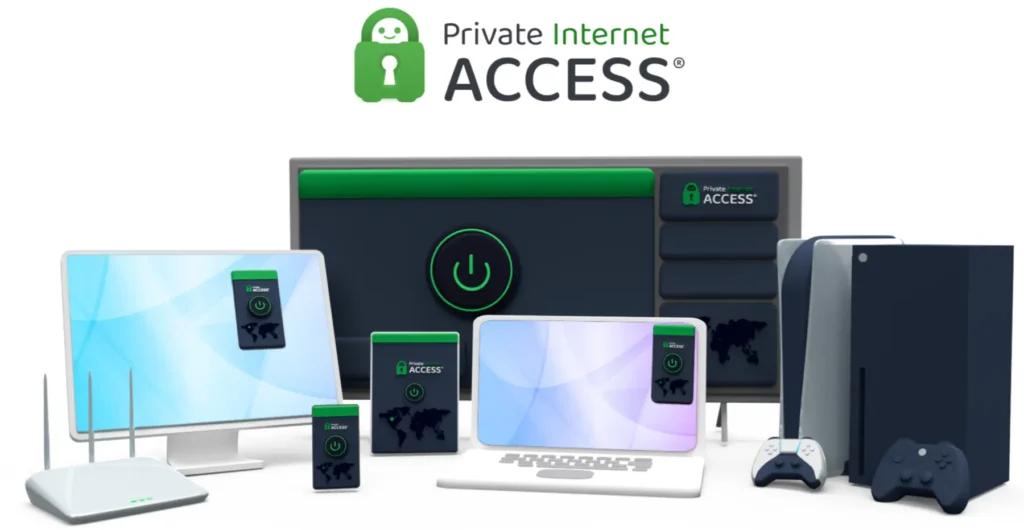 Zobrazení různých zařízení podporujících Private Internet Access (PIA) VPN, včetně počítače, tabletu, chytrého telefonu, herní konzole, routeru a chytré televize, s logem PIA VPN na všech obrazovkách.