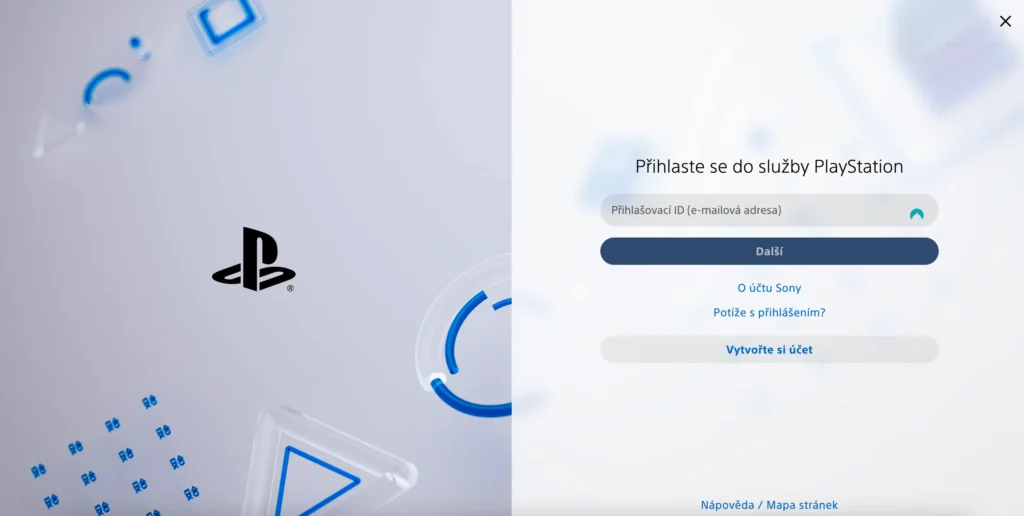 Zobrazení přihlašovací stránky do služby PlayStation s možností zadat přihlašovací ID nebo vytvořit nový účet.