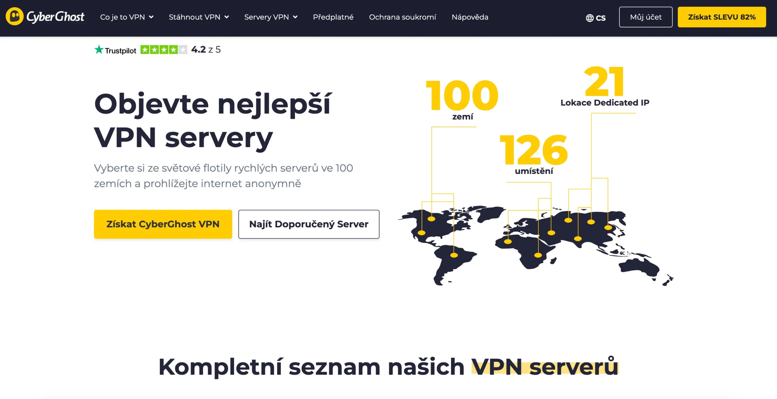 Nabídka VPN serverů CyberGhost, které zahrnují 100 zemí a 126 umístění s možností výběru Dedicated IP adres.