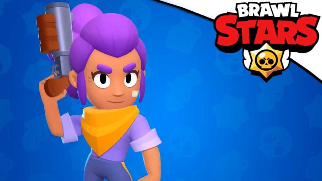 Brawlerka Shelly z Brawl Stars s fialovými vlasy a jejím ikonickým brokovnicovým útokem.