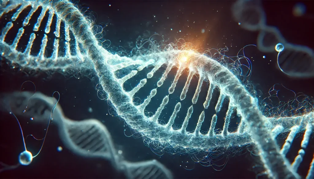 Detailní pohled na strukturu DNA zobrazenou pod mikroskopem, zachycující jemné detaily dvojité šroubovice. DNA je zobrazena v zářivých barvách, s efektem světla, který zdůrazňuje složitost a krásu genetického materiálu.