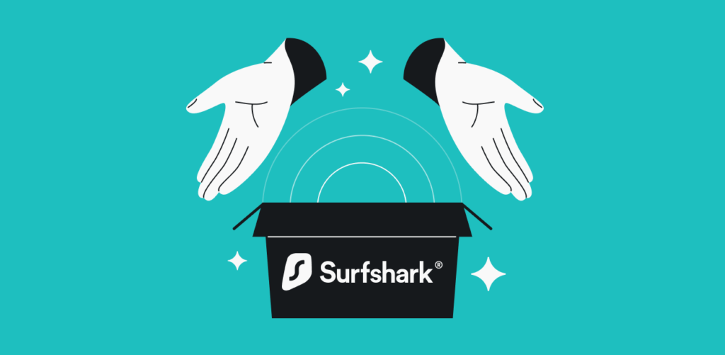 Surfshark VPN logo s grafikou ochranných rukou – ilustrace s logem Surfshark VPN, doplněná o dvě ruce směřující dolů, které symbolicky chrání krabici s logem Surfshark. Grafika je umístěna na světle tyrkysovém pozadí, s jednoduchými liniemi a stylizovanými prvky, které evokují bezpečnost a ochranu online.