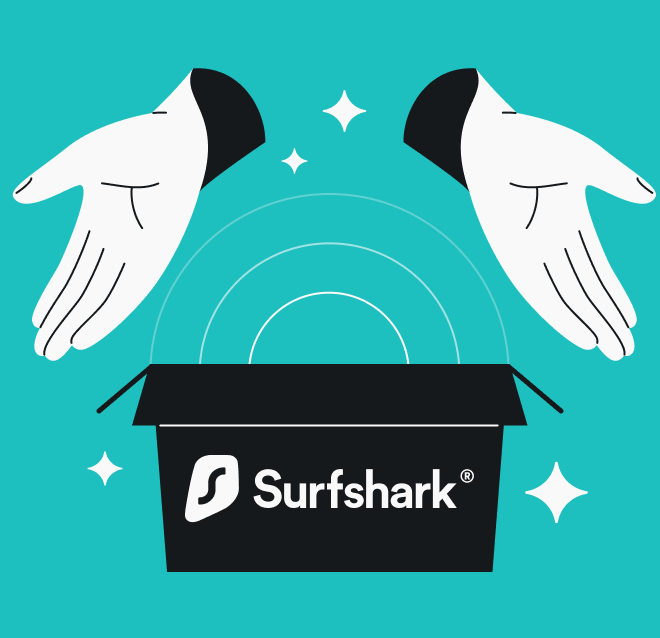 Surfshark VPN logo s grafikou ochranných rukou – ilustrace s logem Surfshark VPN, doplněná o dvě ruce směřující dolů, které symbolicky chrání krabici s logem Surfshark. Grafika je umístěna na světle tyrkysovém pozadí, s jednoduchými liniemi a stylizovanými prvky, které evokují bezpečnost a ochranu online.