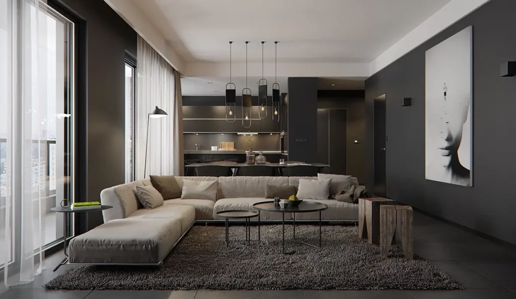 Stylový tmavý obývací pokoj s moderním designem, elegantní kombinace tmavých stěn a světlého nábytku, prostorná sedací souprava, minimalistické osvětlení a dekorace, útulná atmosféra se zaměřením na detail a kvalitní materiály.