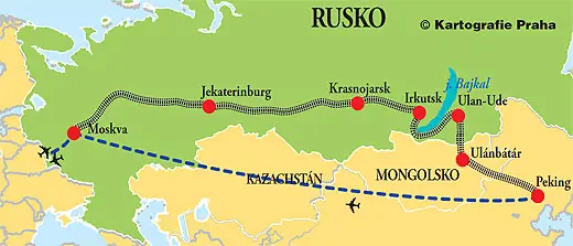 Mapa Transsibiřské magistrály zobrazující trasu z Moskvy do Pekingu, s vyznačenými městy jako Jekatěrinburg, Krasnojarsk, Irkutsk, Ulan-Ude a dalšími.