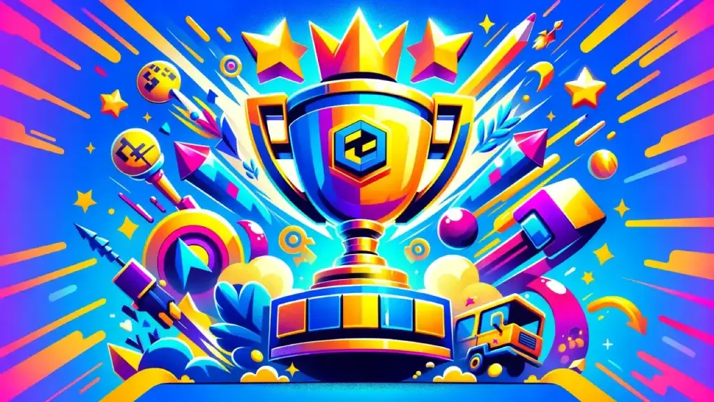 Ilustrace trofeje z Brawl Stars s výraznými barvami, herními ikonami a dynamickými efekty symbolizujícími vítězství a úspěch ve hře.