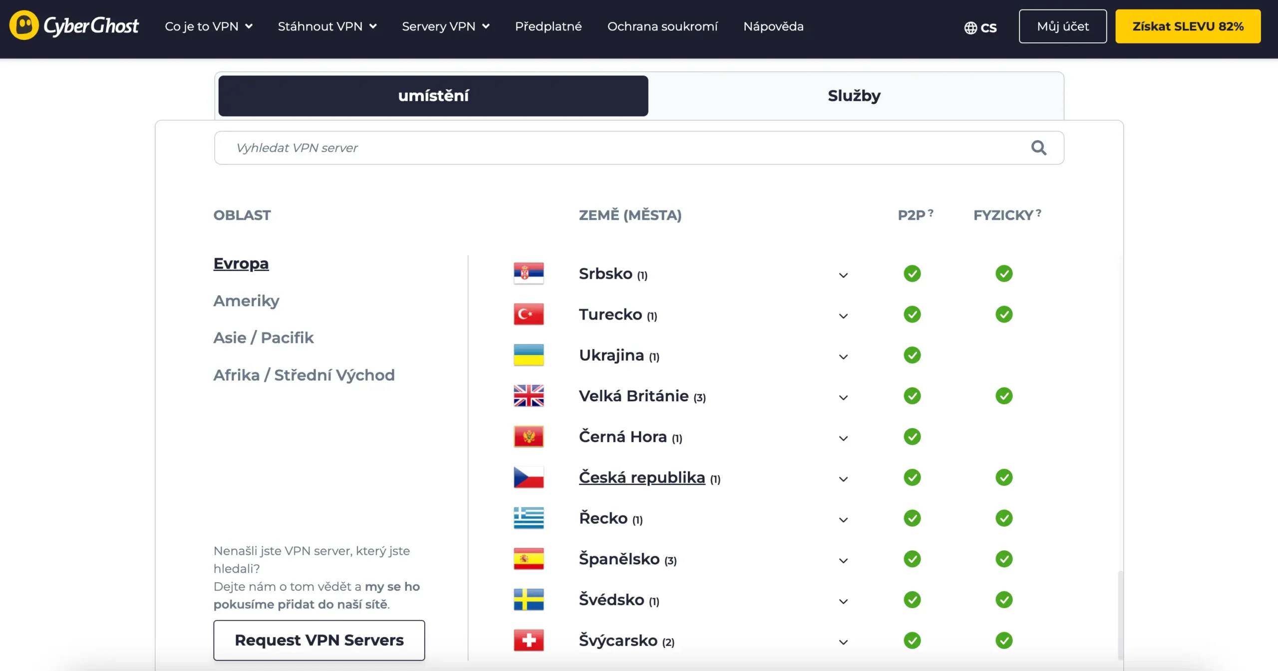 Seznam dostupných VPN serverů CyberGhost v různých zemích, včetně České republiky, Řecka, Španělska a dalších evropských zemí.